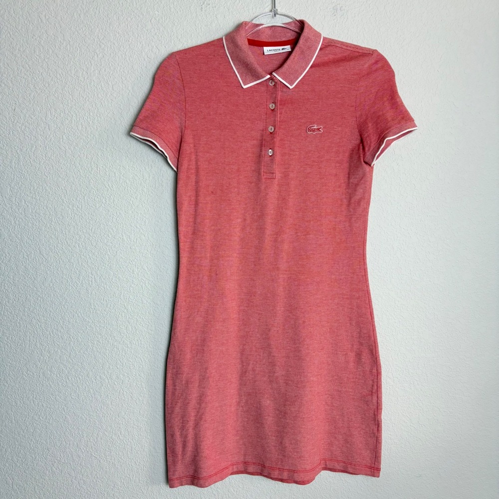 Lacoste Red Heather Pique Slim Fit Polo Mini Dress Size 34 Tipped Collar Logo